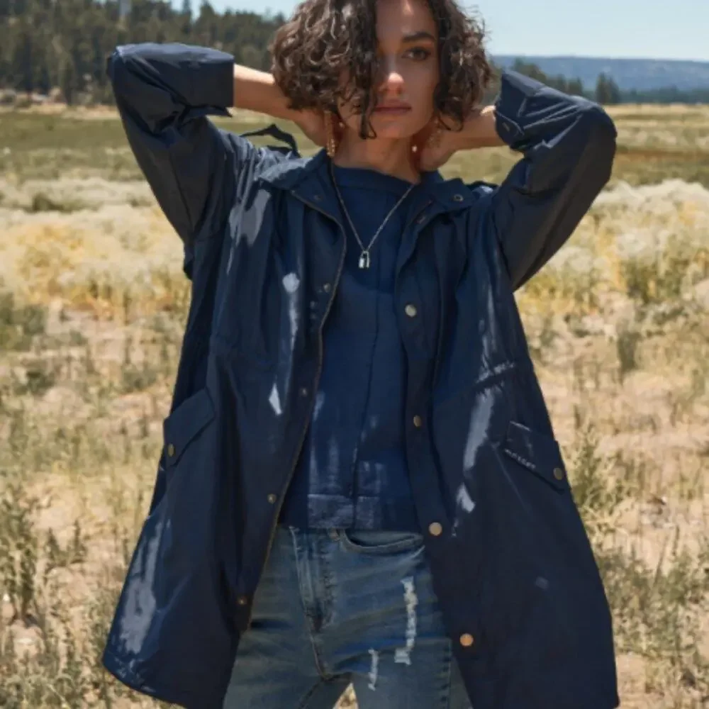 Navy Glossy Drawstring Trim Button-Down Coach Jacket - Picture 7 of 16